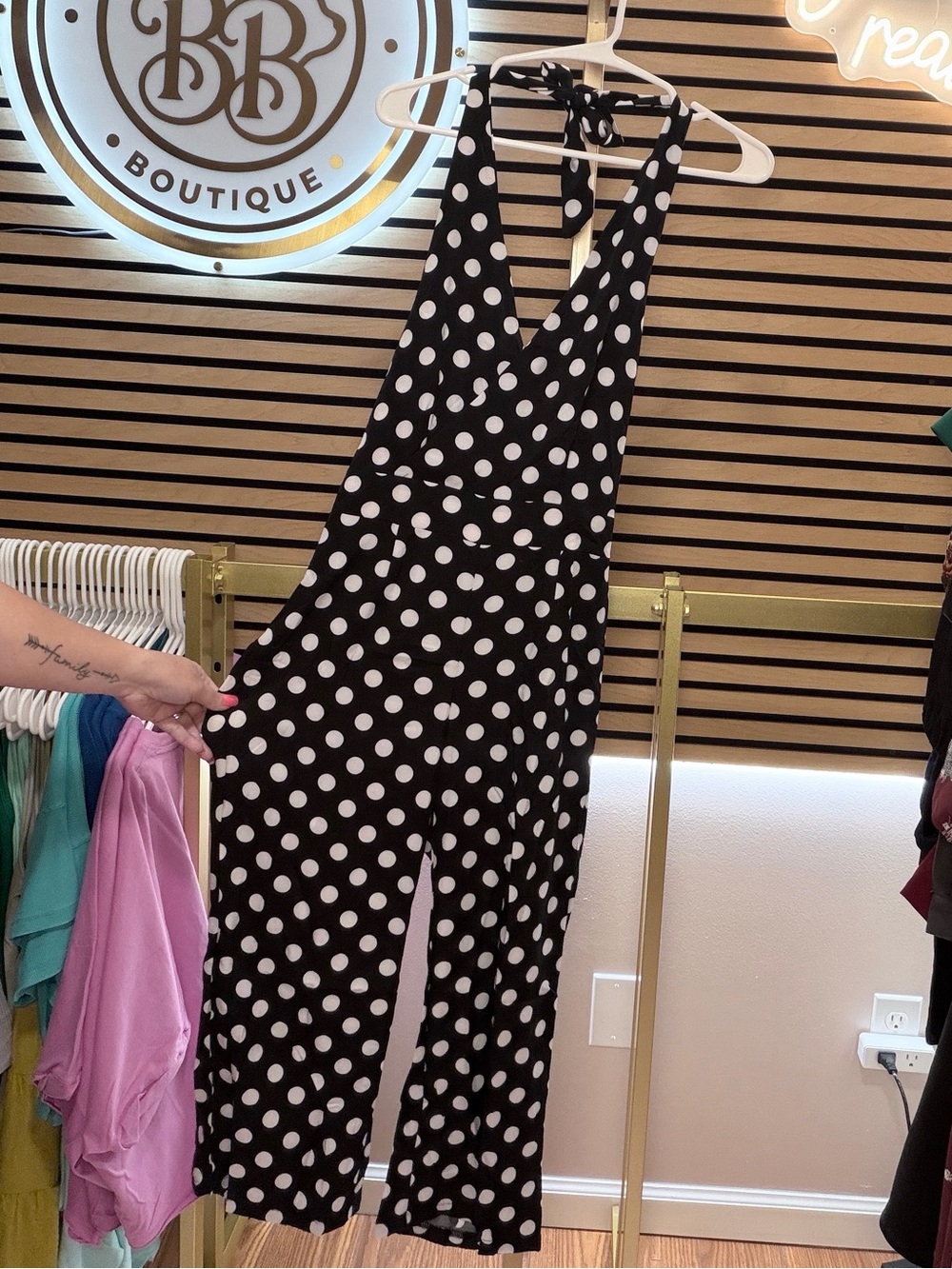 Polka Dot Halter Jumpsuit - Black/White